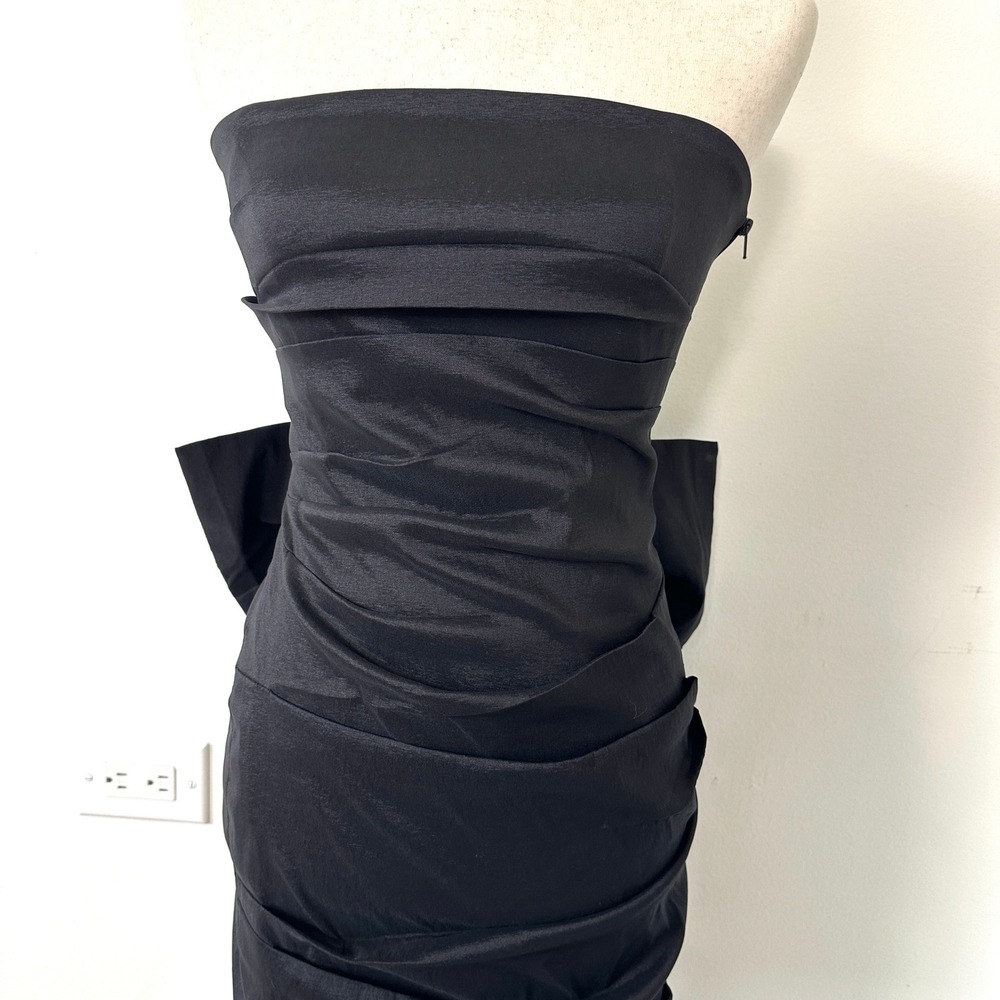 Black Strapless Cocktail Mini Dress M Bodycon Detachable Bow Train Coquette Prom - Picture 3 of 10